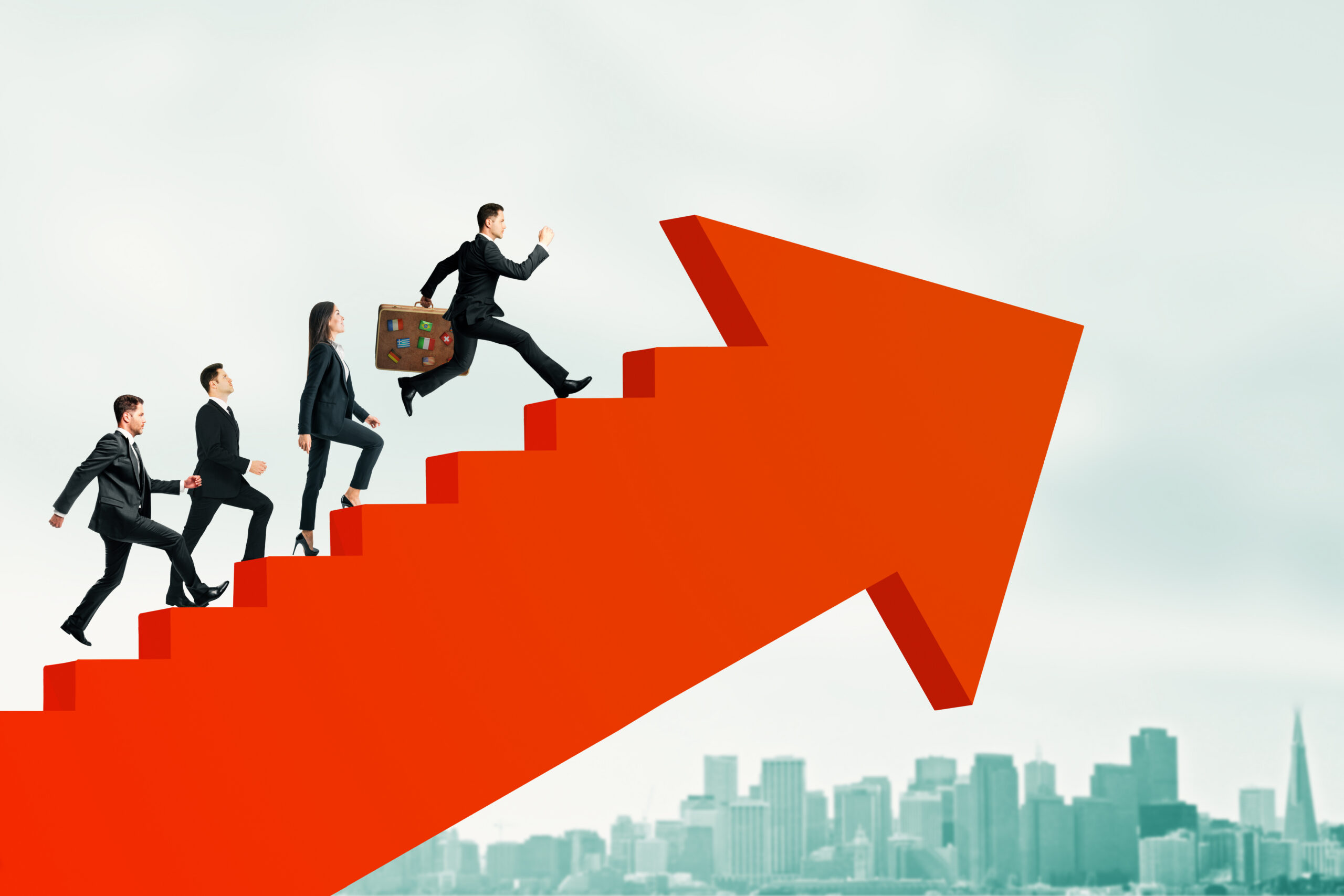 Young employees climbing a red arrow ladder showing career advancement.